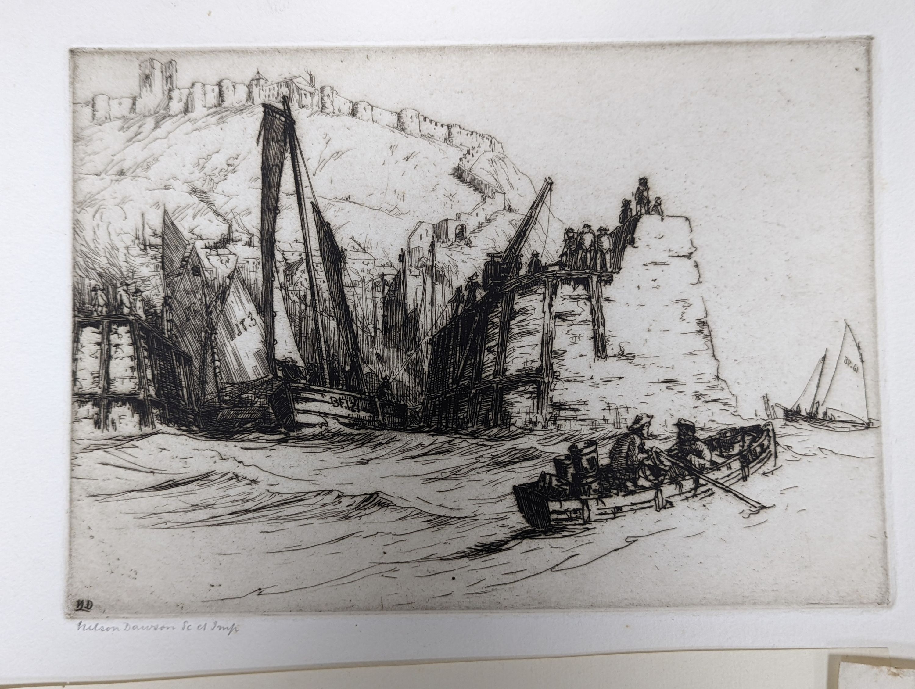 Nelson Dawson (1859-1941), six assorted etchings and an original sketch